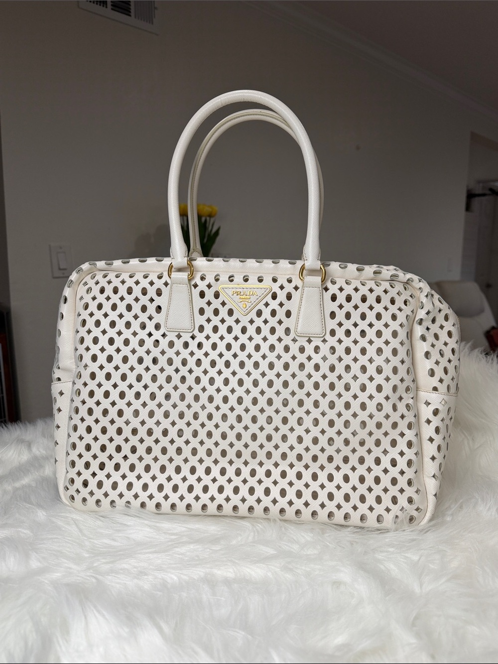 💯Authentic Prada White Perforated Leather Tote with Gold Accents🍀